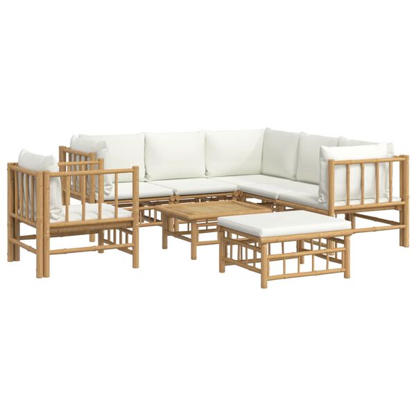 vidaXL 8 pcs conjunto lounge de jardim bambu c/ almofadões branco nata