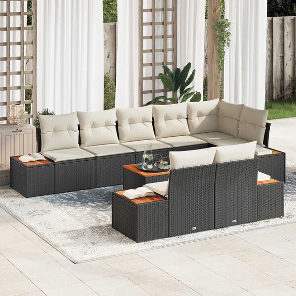 vidaXL Conjunto de Sof&aacute; de Jardim 8 pcs Preto e Creme Polirattan