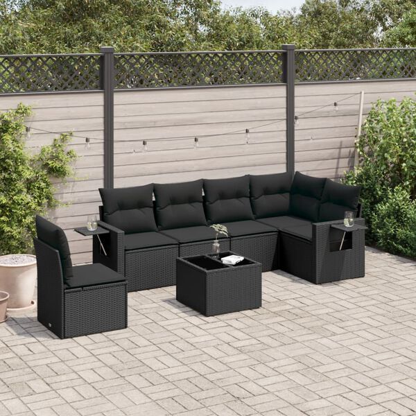 vidaXL 7 pcs conjunto de sof&aacute;s p/ jardim c/ almofad&otilde;es vime PE preto