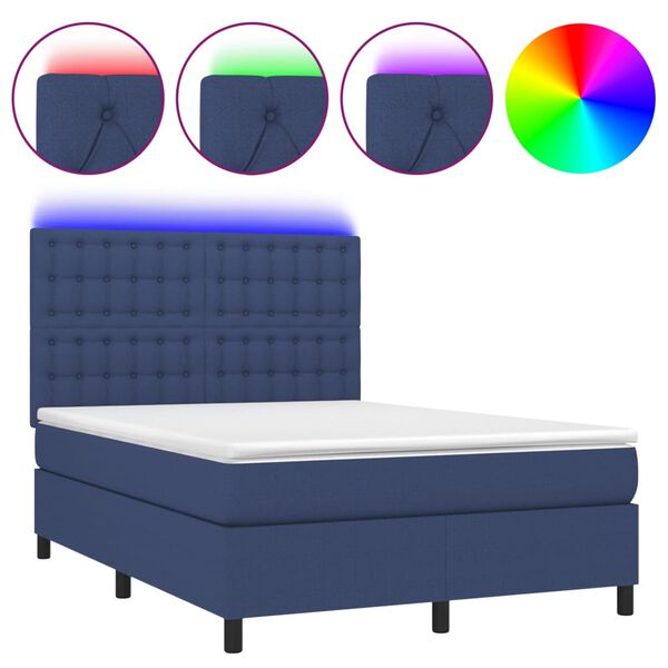 vidaXL Cama box spring c/ colch&atilde;o e LED 140x200 cm tecido azul