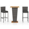 vidaXL 3 pcs conjunto de bar p/ jardim c/ almofad&otilde;es vime PE cinzento
