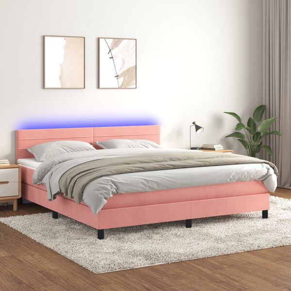 vidaXL Cama box spring c/ colch&atilde;o/LED 160x200 cm veludo rosa