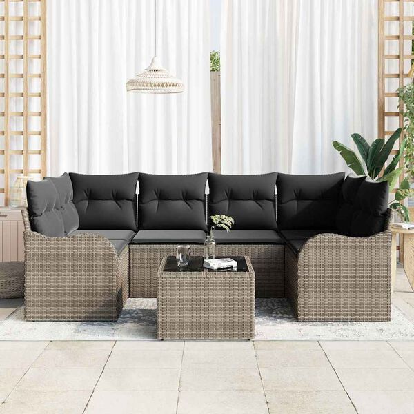 vidaXL Conjunto de Sof&aacute; de Jardim 7 pcs Cinzeto Rattan e A&ccedil;o e Vidro