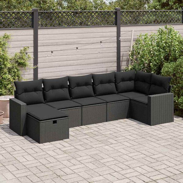 vidaXL 7 pcs conjunto de sof&aacute;s p/ jardim c/ almofad&otilde;es vime PE preto