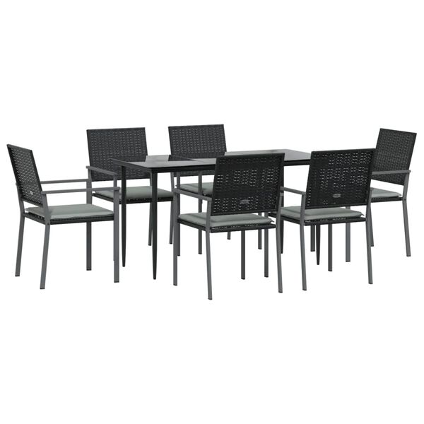 vidaXL 7 pcs conjunto de jantar p/ jardim c/ almofad&otilde;es vime PE e a&ccedil;o