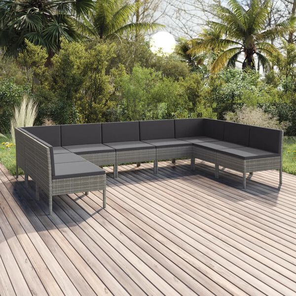 vidaXL 9 pcs conjunto lounge de jardim c/ almofad&otilde;es vime PE cinzento