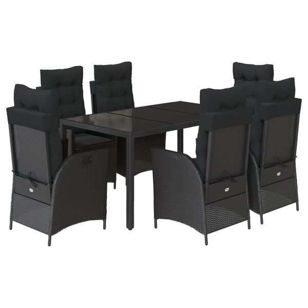 vidaXL 7 pcs conjunto de jantar p/ jardim c/ almofad&otilde;es vime PE preto