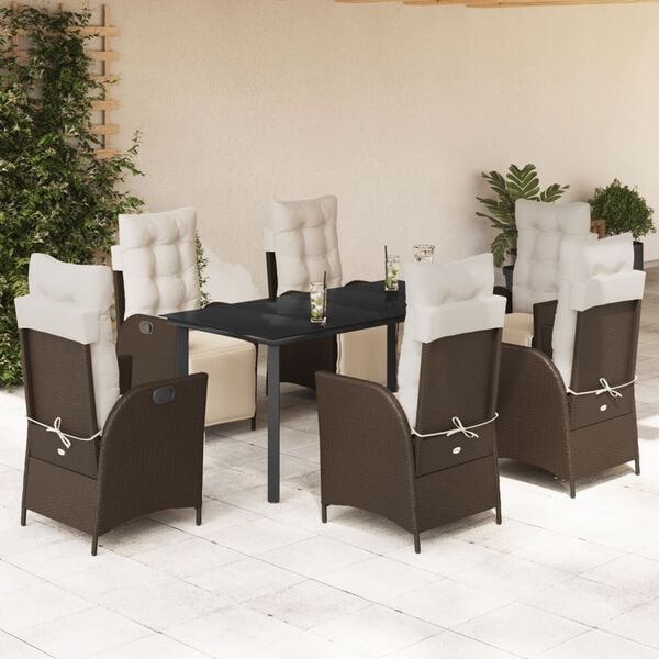 vidaXL 7 pcs conjunto jantar p/ jardim c/ almofad&otilde;es vime PE castanho