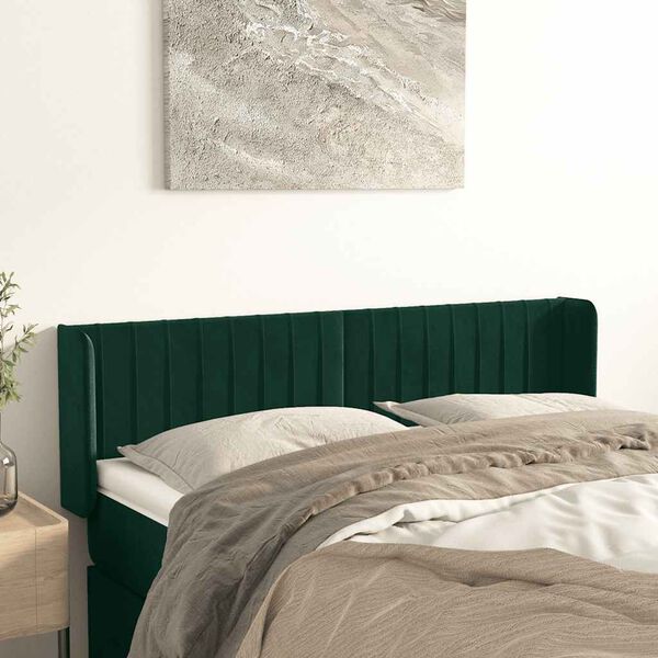 vidaXL Cabeceira de cama c/ abas tecido 147x16x78/88cm verde-escuro