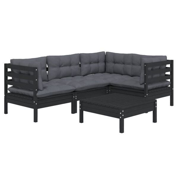 vidaXL 5 pcs conjunto lounge de jardim c/ almofad&otilde;es pinho preto