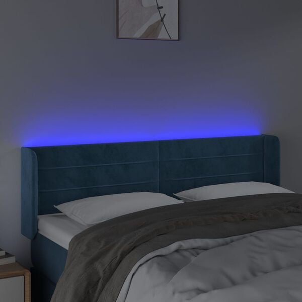 vidaXL Cabeceira cama c/ luzes LED veludo 147x16x78/88 cm azul-escuro