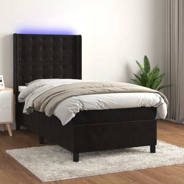 vidaXL Cama box spring c/ colch&atilde;o/LED 90x200 cm veludo preto