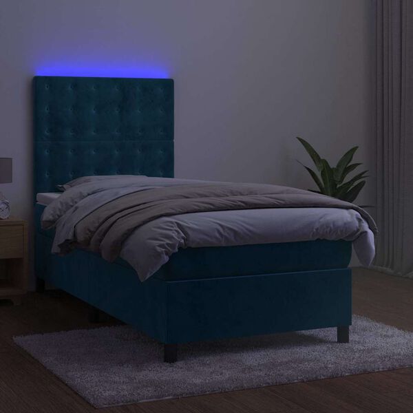 vidaXL Cama box spring c/ colch&atilde;o/LED 100x200 cm veludo azul-escuro
