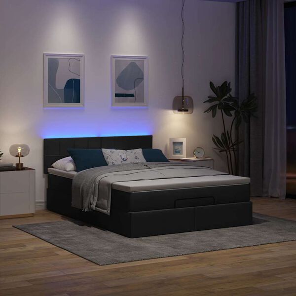 vidaXL Cama Otomana com Colch&atilde;o & LEDs Preto 140x190cm Tecido