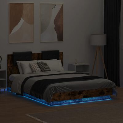 vidaXL Estrutura cama c/ cabeceira/luzes LED 135x190cm carvalho fumado