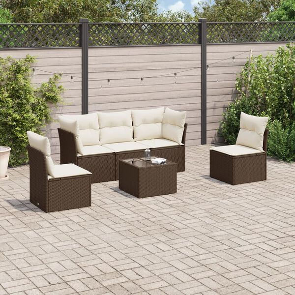 vidaXL 6 pcs conjunto de sof&aacute;s jardim c/ almofad&otilde;es vime PE castanho