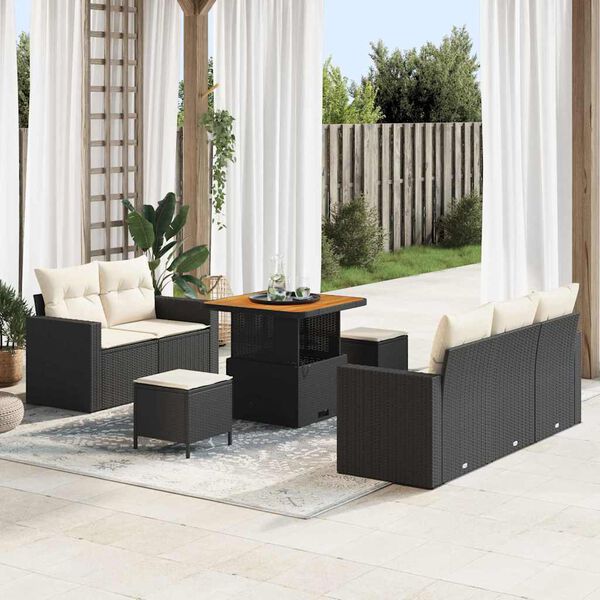 vidaXL Conjunto de Sof&aacute; de Jardim 8 pcs Preto e Creme vime PE