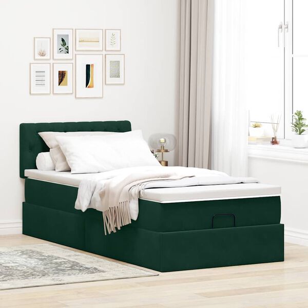 Estrutura de cama otomana vidaXL com colch&atilde;o verde escuro Veludo
