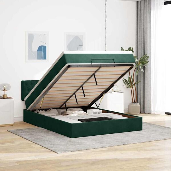 vidaXL Estrutura de cama otomana com colch&atilde;o 140x190cm verde escuro