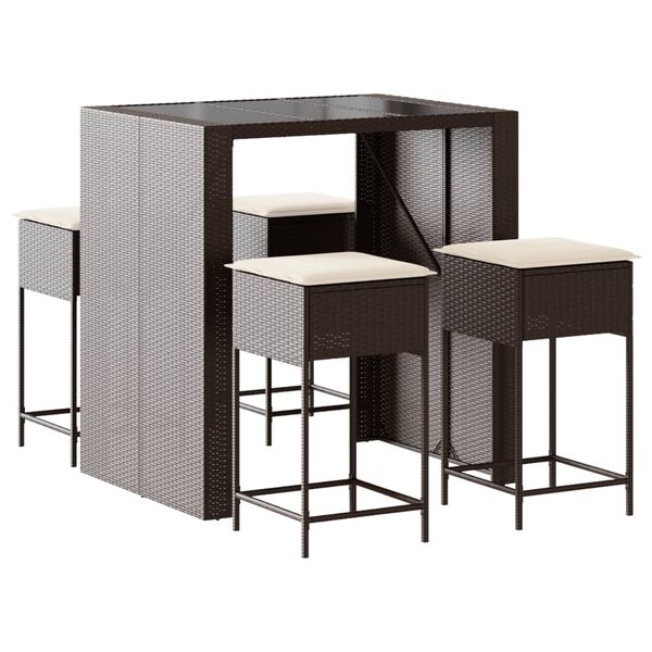 vidaXL 5 pcs conjunto de bar p/ jardim c/ almofad&otilde;es vime PE castanho