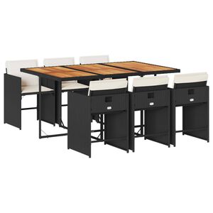 vidaXL 7 pcs conjunto de jantar p/ jardim c/ almofad&otilde;es vime PE preto