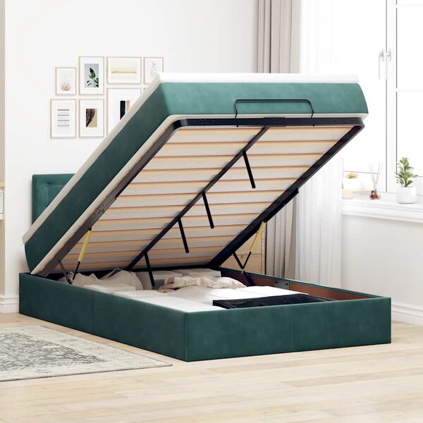 vidaXL Cama otomana com colch&atilde;o & LEDs 120x190cm veludo verde-escuro