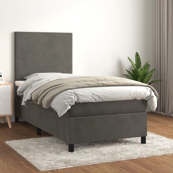 vidaXL Cama com molas/colch&atilde;o 90x200 cm veludo cinza-escuro