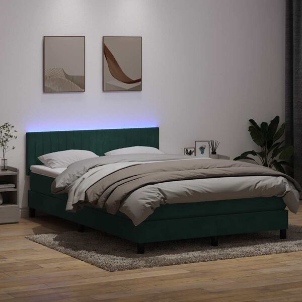 vidaXL Cama box spring c/ colch&atilde;o e LED 160x210 cm veludo verde escuro