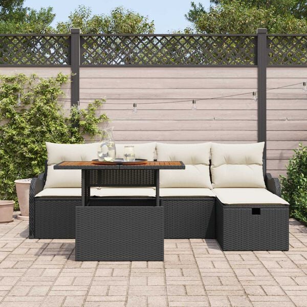 vidaXL Conjunto de Sof&aacute; de Jardim com almofada 6 pcs Preto vime PE