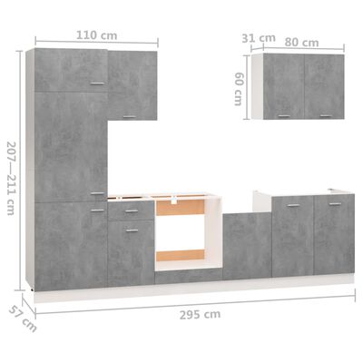 vidaXL 7 pcs conj. armários de cozinha contraplacado cinzento cimento