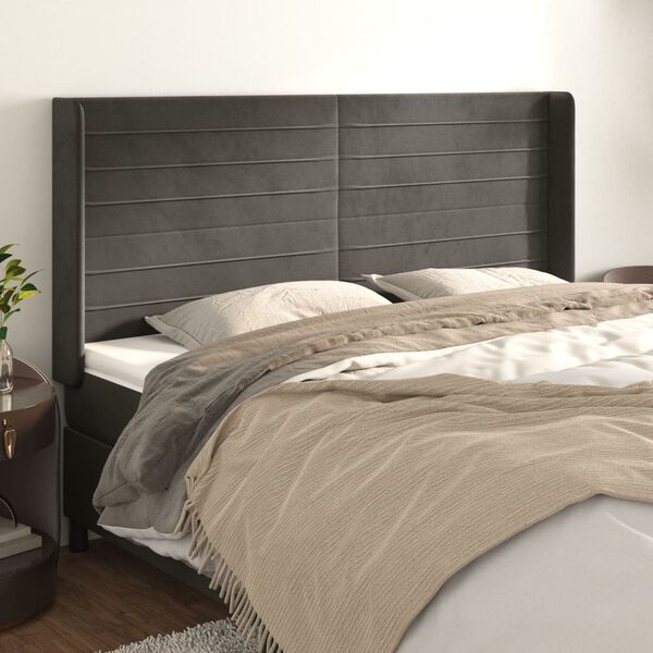 vidaXL Cabeceira cama c/ abas veludo 203x16x118/128 cm cinzento-escuro