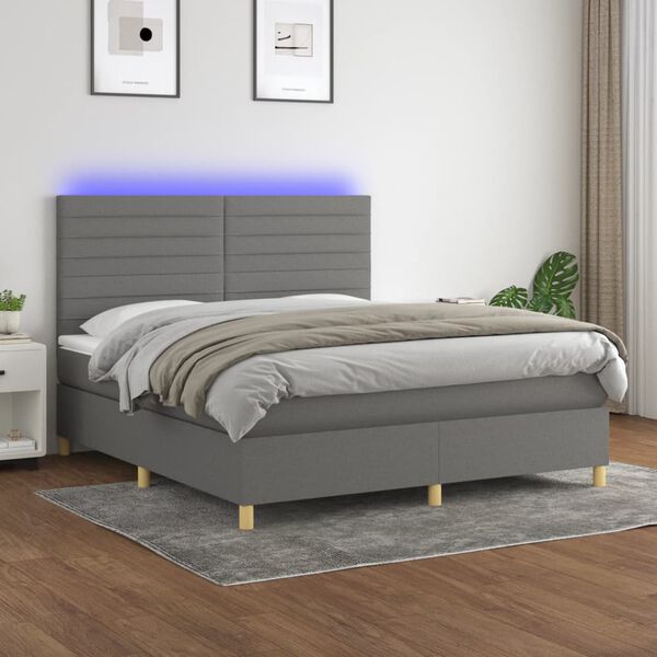 vidaXL Cama box spring c/ colch&atilde;o e LED 160x200 cm tecido cinza-escuro