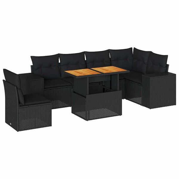 vidaXL 7 pcs conjunto de sof&aacute;s p/ jardim c/ almofad&otilde;es vime PE preto