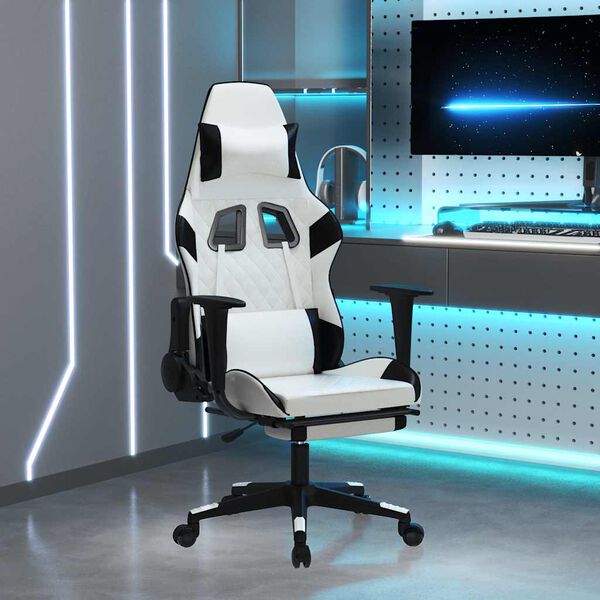 vidaXL Cadeira gaming massagens c/ apoio p&eacute;s couro artif. Branco/preto