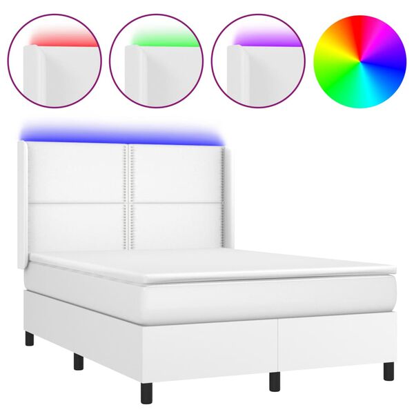 vidaXL Cama box spring c/colch&atilde;o/LED 140x190cm couro artificial branco