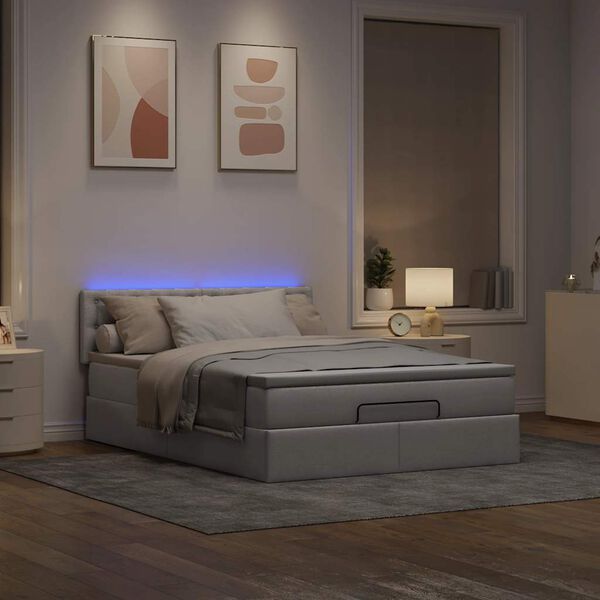 vidaXL Cama otomana com colch&atilde;o & LEDs 140x200 cm tecido cinza