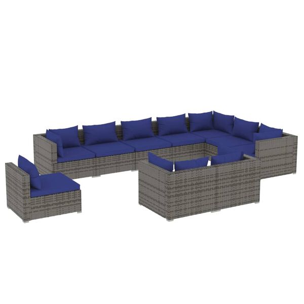 vidaXL 10 pcs conjunto lounge de jardim c/ almofadões vime PE cinzento