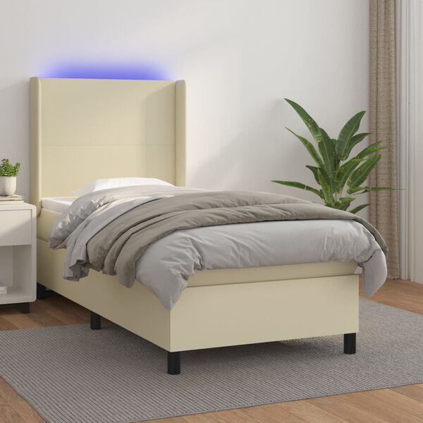 vidaXL Cama box spring c/ colch&atilde;o/LED 90x190 cm couro artificial creme