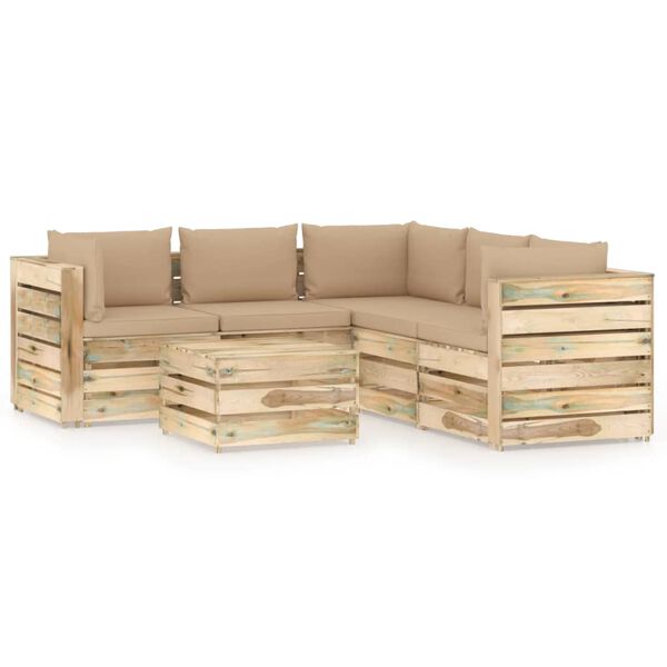 vidaXL 6 pcs conj. lounge jardim c/ almofad&otilde;es madeira impreg. verde