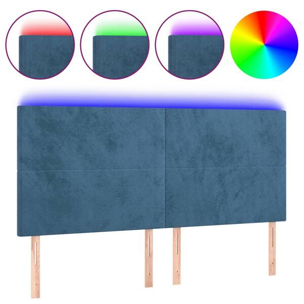 vidaXL Cabeceira cama c/ luzes LED veludo 200x5x118/128cm azul-escuro
