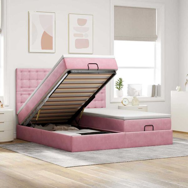 vidaXL Estrutura de cama otomana com colch&otilde;es 160x200 cm veludo rosa