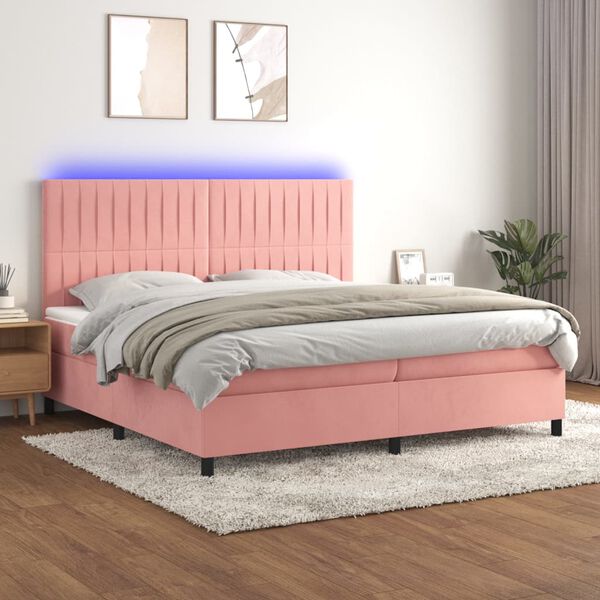 vidaXL Cama box spring c/ colch&atilde;o/LED 200x200 cm veludo rosa