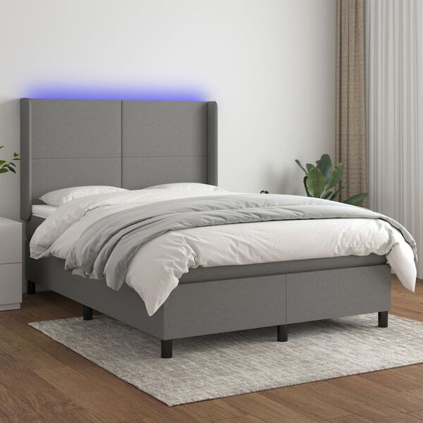 vidaXL Cama box spring c/ colch&atilde;o e LED 140x190 cm tecido cinza-escuro