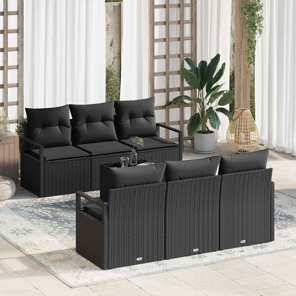 vidaXL Conjunto de Sof&aacute; de Jardim com almofada 7 pcs Preto vime PE