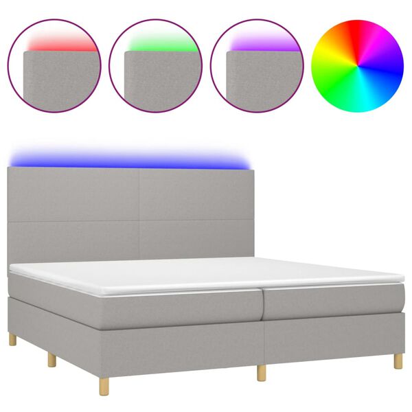 vidaXL Cama box spring c/ colch&atilde;o e LED 200x200 cm tecido cinza-claro