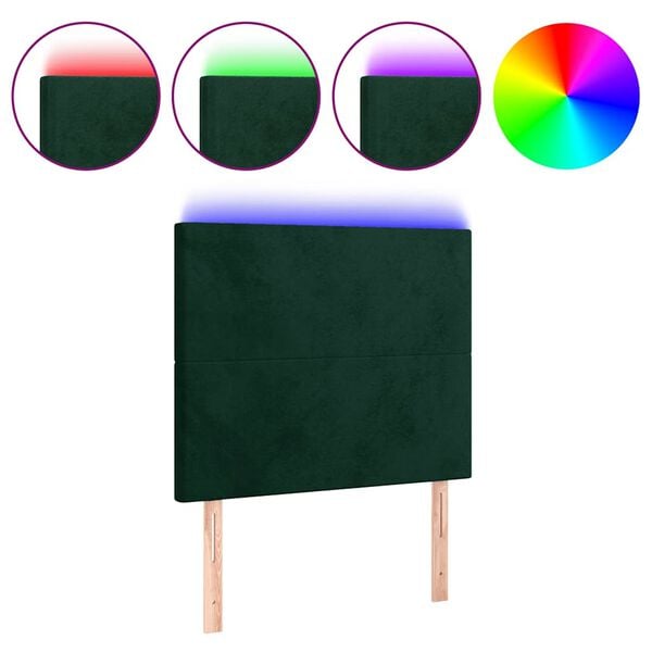 vidaXL Cabeceira de cama c/ LED veludo 100x5x118/128 cm verde-escuro