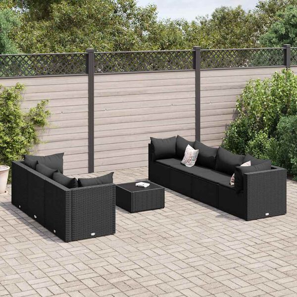 vidaXL 8 pcs conjunto lounge de jardim c/ almofadões vime PE preto