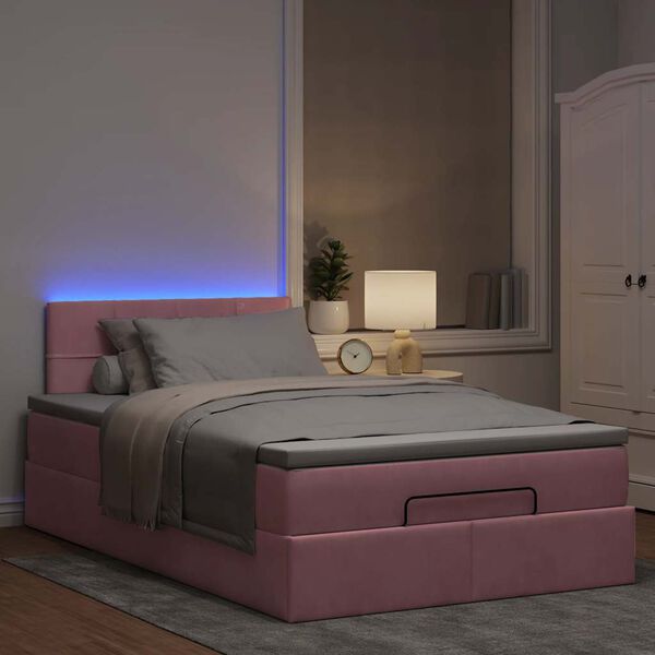 vidaXL Cama otomana com colch&atilde;o & LEDs 120x190cm veludo rosa