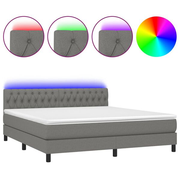 vidaXL Cama box spring c/ colch&atilde;o e LED 180x200 cm tecido cinza-escuro