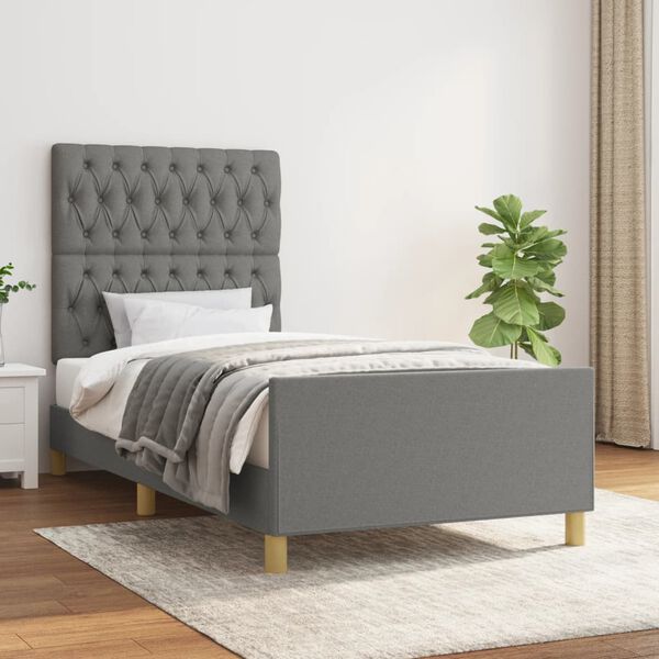 vidaXL Estrutura de cama sem colch&atilde;o 90x190 cm tecido cinzento-escuro